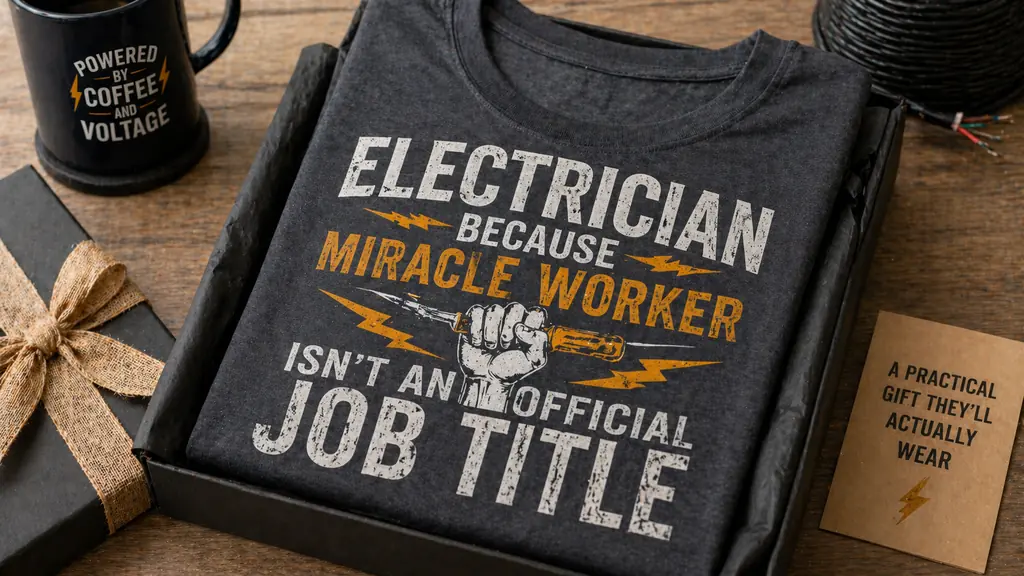 what to buy an electrician with trade-inspired shirt shown as practical gift