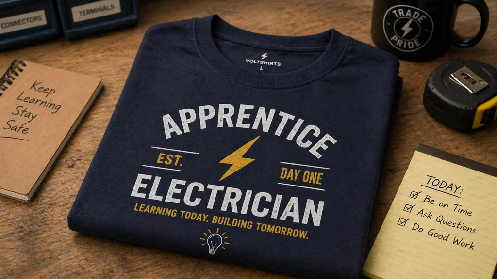 apprentice electrician gift shirt shown as early career milestone giftApprentice gifts should support the trade journey without guessing technical gear.