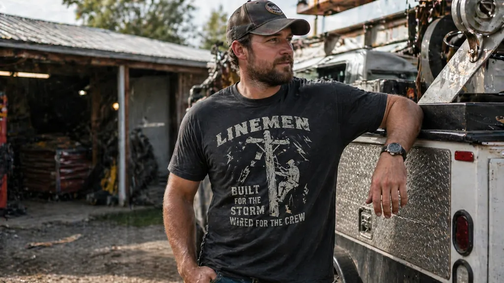 work inspired lineman shirt worn in safe utility adjacent setting