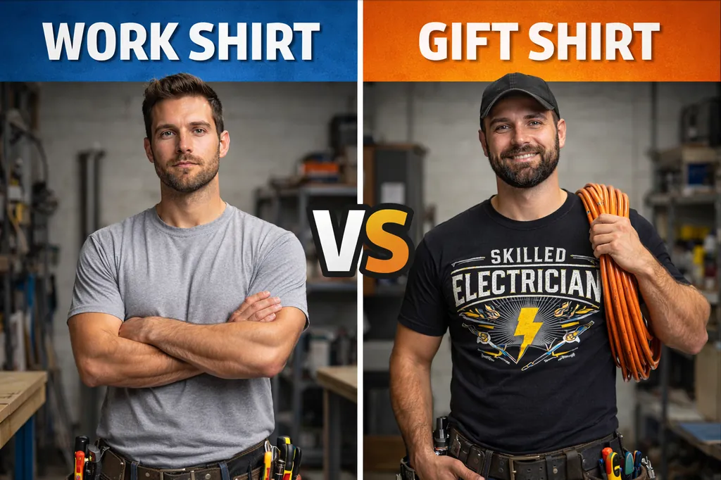 comparison of electrician work shirt and graphic electrician shirt