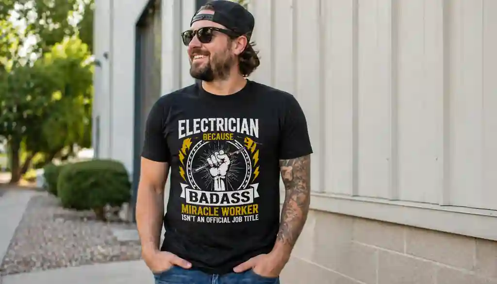 electrician wearing graphic shirt in casual setting
