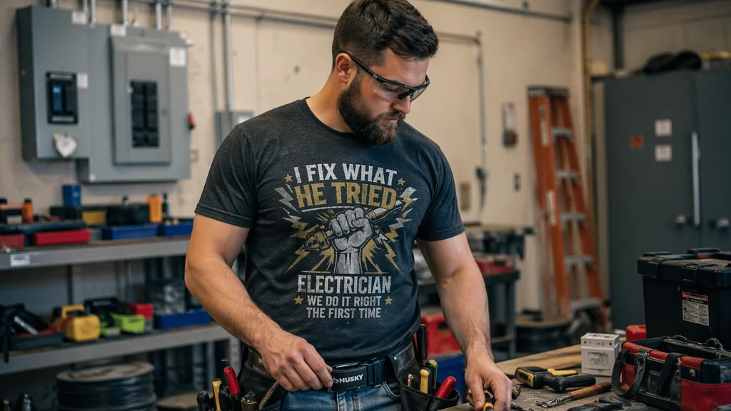 electrician wearing graphic shirt in relaxed work environment