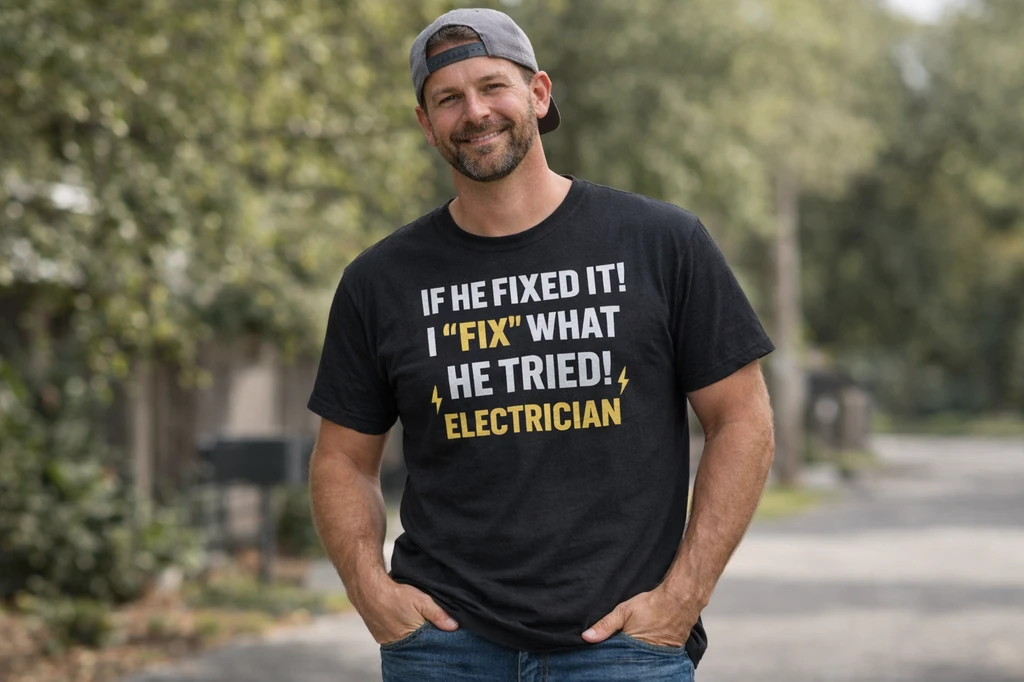 electrician shirt showing proper fit across shoulders and chest