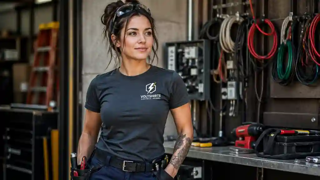 female electrician wearing comfortable fitted work shirt