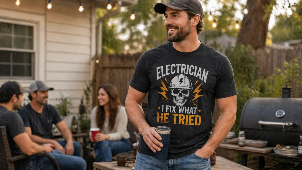 person wearing electrician shirt in relaxed social setting