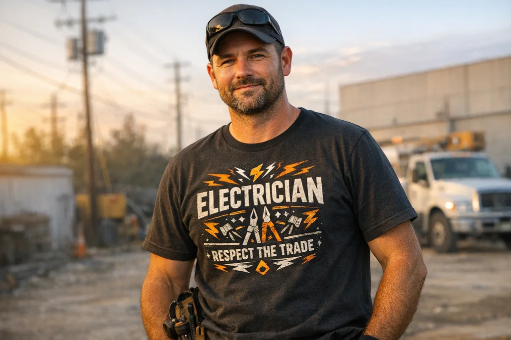 electrician wearing graphic shirt outdoors showing trade pride