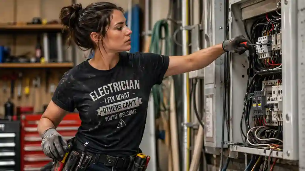female electrician wearing shirt while working showing flexibility