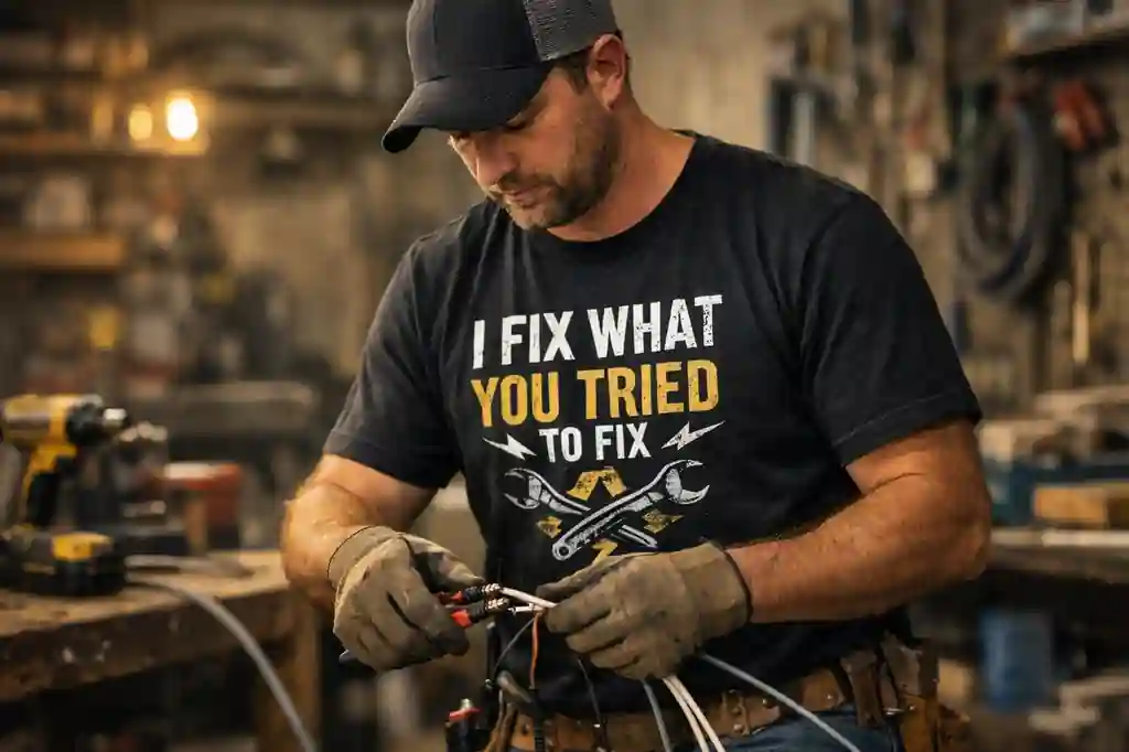 person giving electrician shirt as a gift at home