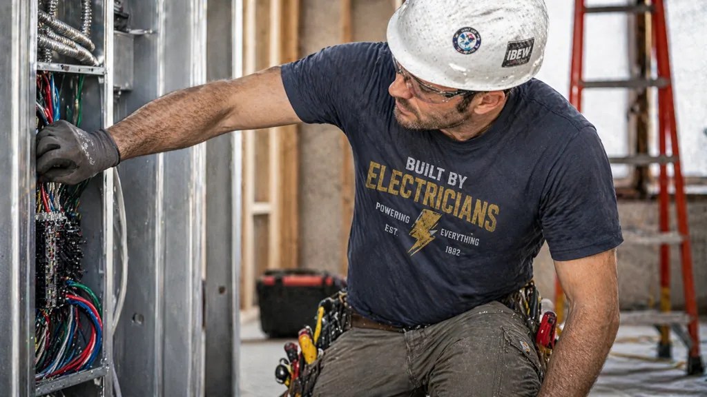 electrician moving naturally while wearing work shirt