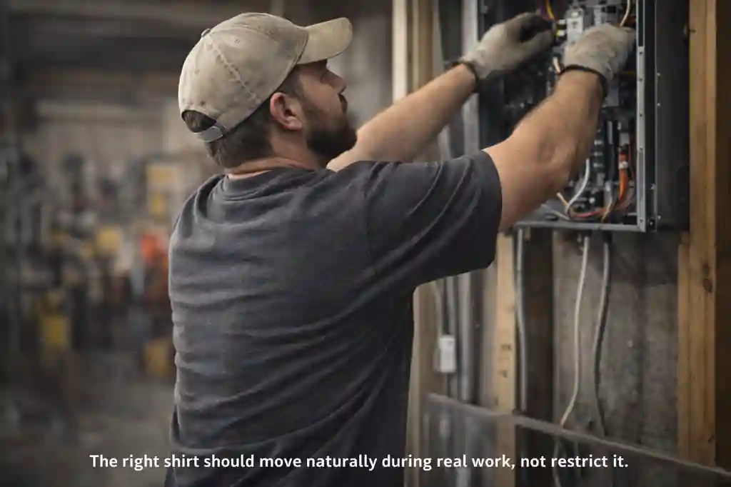 electrician wearing shirt while working showing movement flexibility