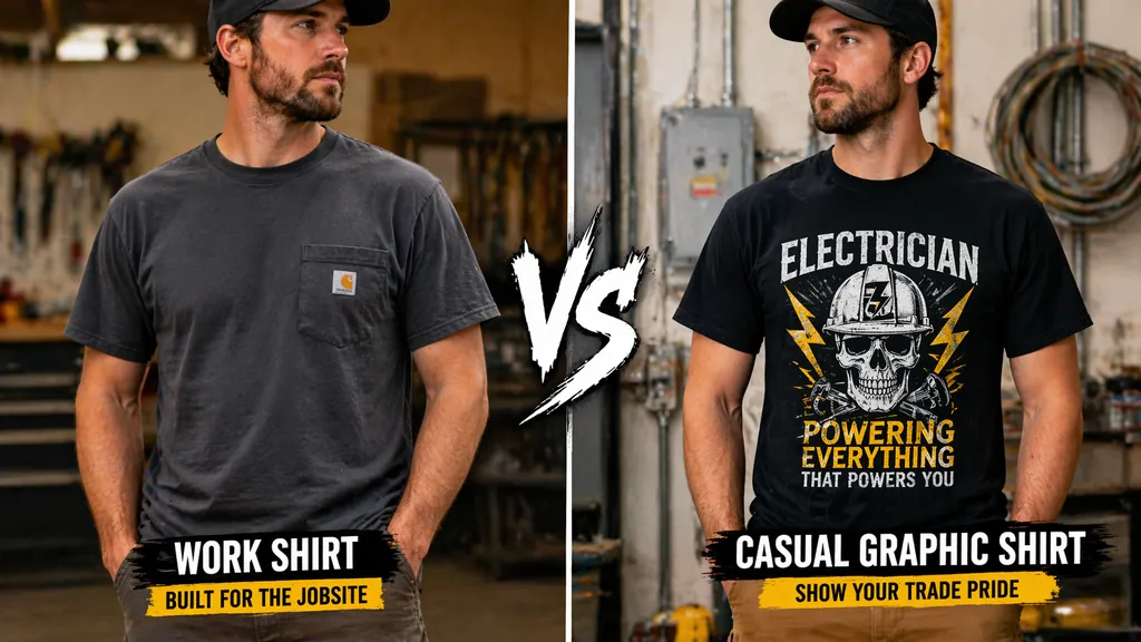 comparison between electrician work shirt and casual graphic shirt
