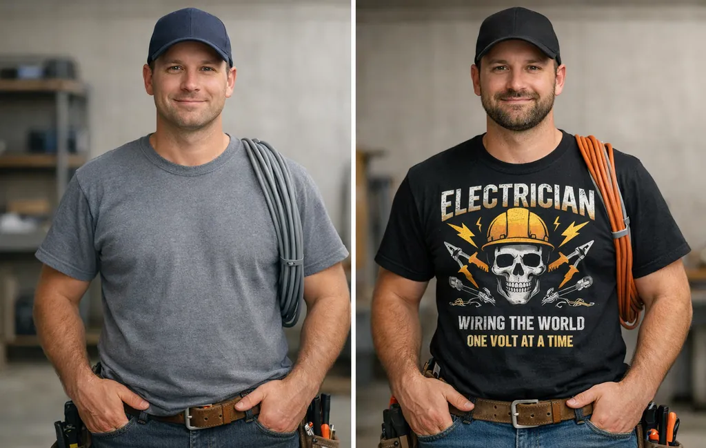 electrician wearing simple work shirt vs casual graphic electrician shirt