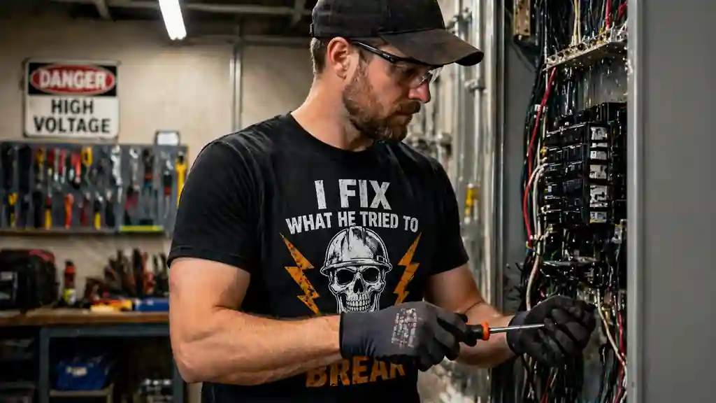 electrician wearing plain work shirt on jobsite