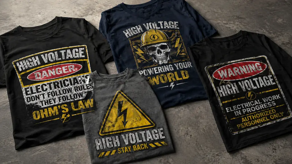 high voltage electrician shirts with bold warning style graphics