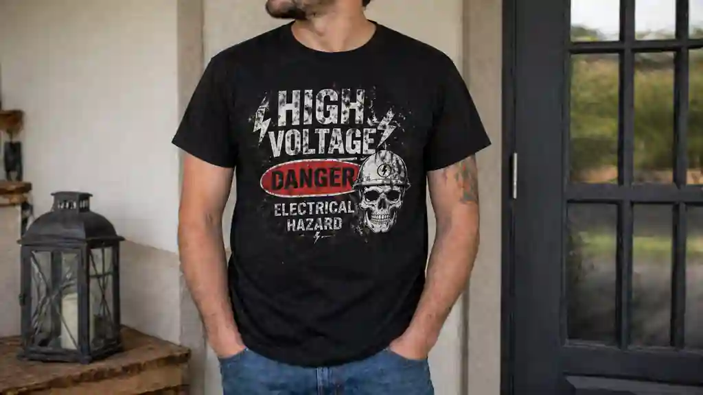 person wearing high voltage electrician shirt in casual setting