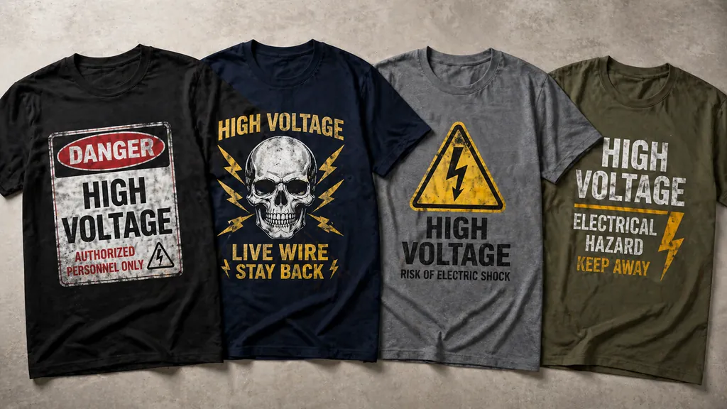 different high voltage shirt designs including warning and lightning styles