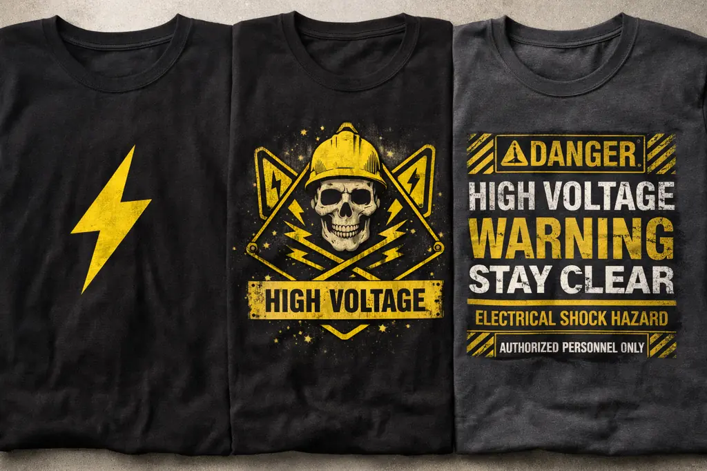 different high voltage shirt designs including lightning and skull graphics