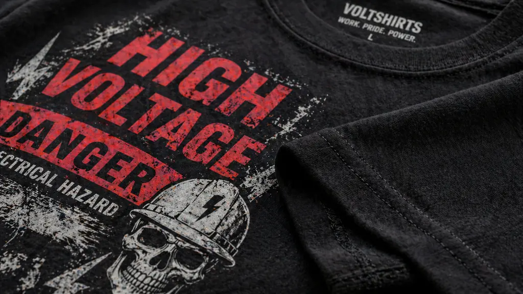 close up of high voltage shirt print and cotton fabric texture
