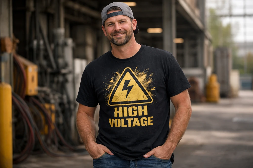 person wearing high voltage graphic shirt in industrial environment 