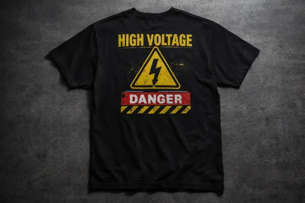 black shirt with high voltage warning symbol and lightning graphic