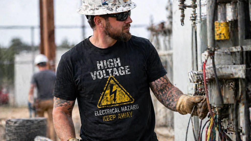 electrician wearing high voltage shirt in outdoor work setting