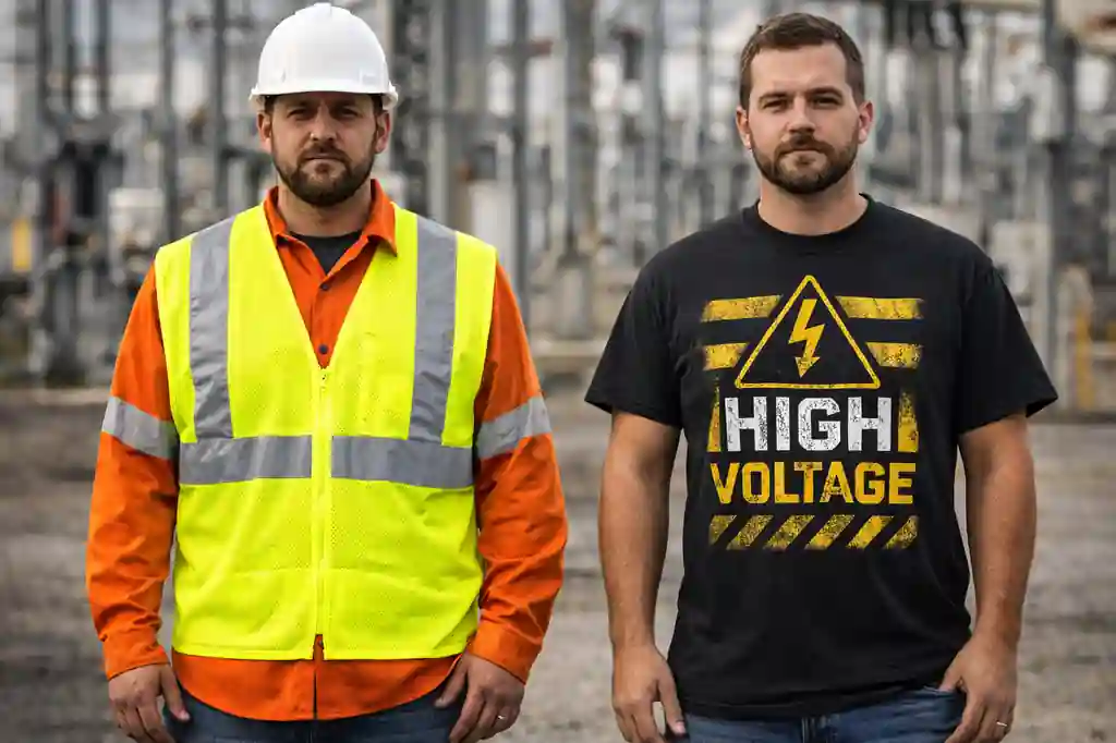 comparison between real safety gear and high voltage graphic shirt 