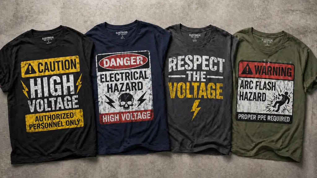 different industrial safety shirt designs including caution and warning styles