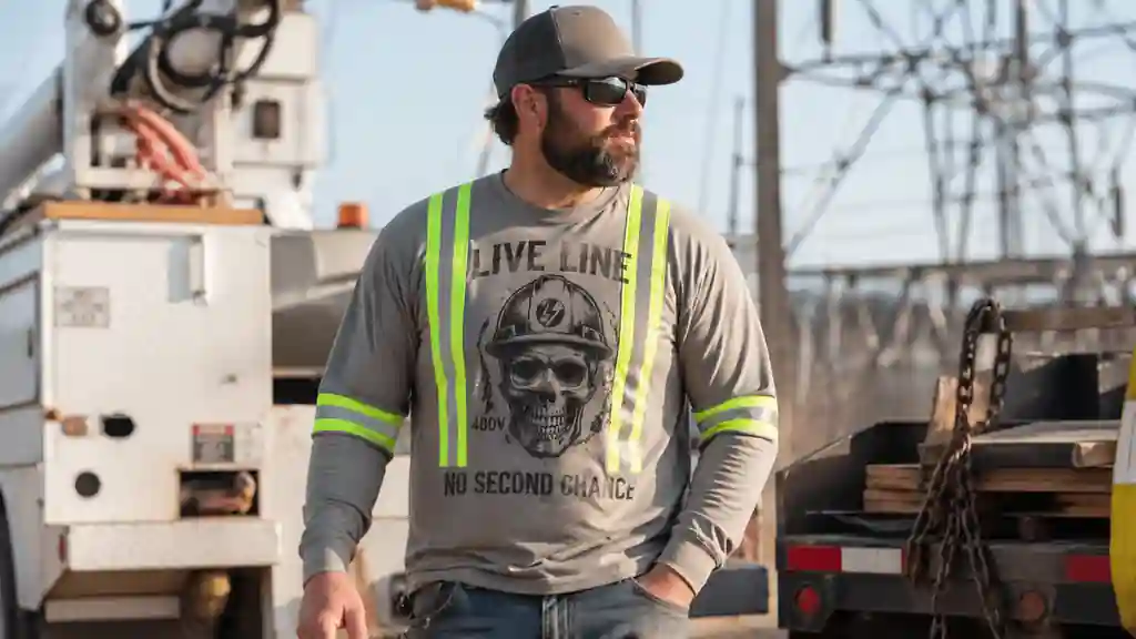 worker wearing industrial safety shirt in casual jobsite environment