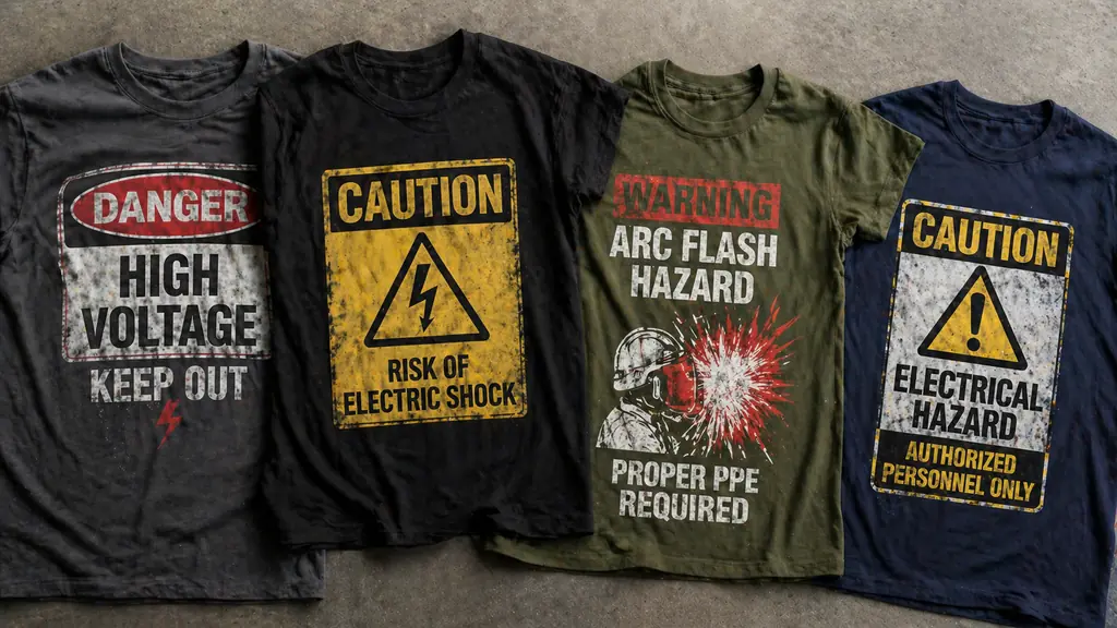 industrial safety shirts with warning and hazard style graphics