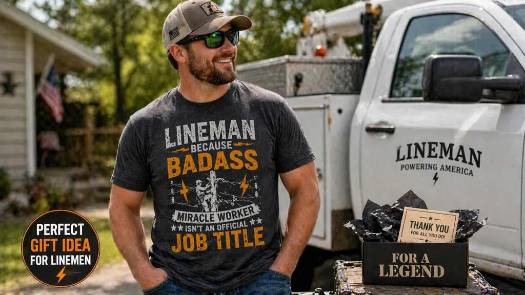 person wearing lineman shirt as a gift idea in casual setting