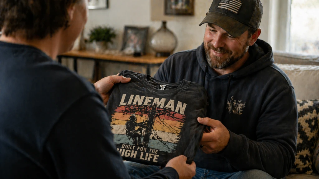 person giving lineman shirt as a gift