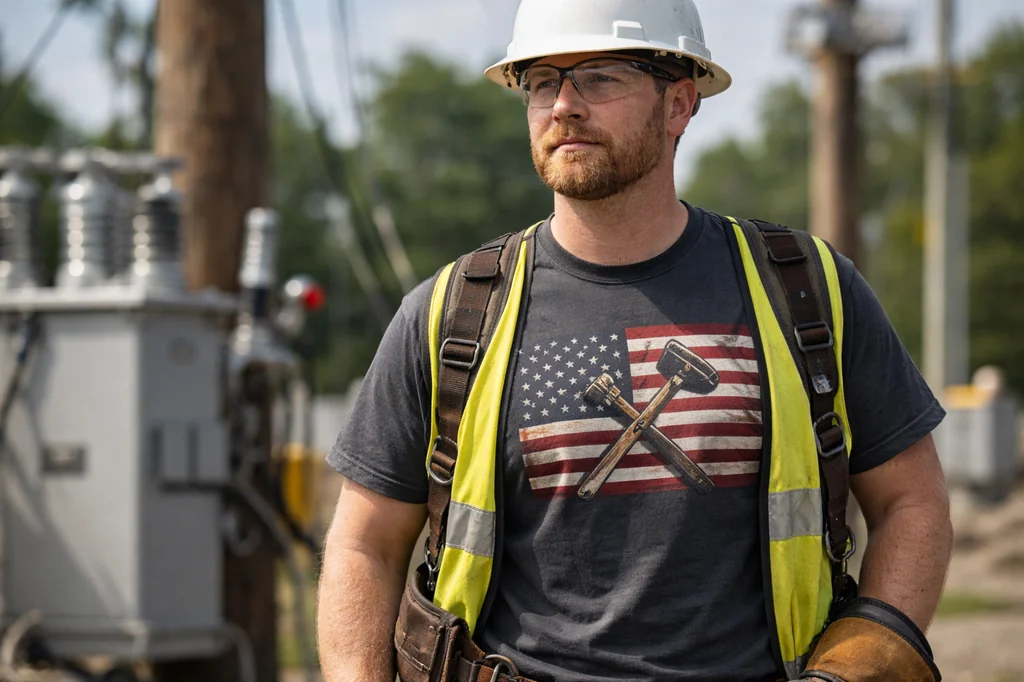 lineman wearing work shirt near utility equipment outdoors