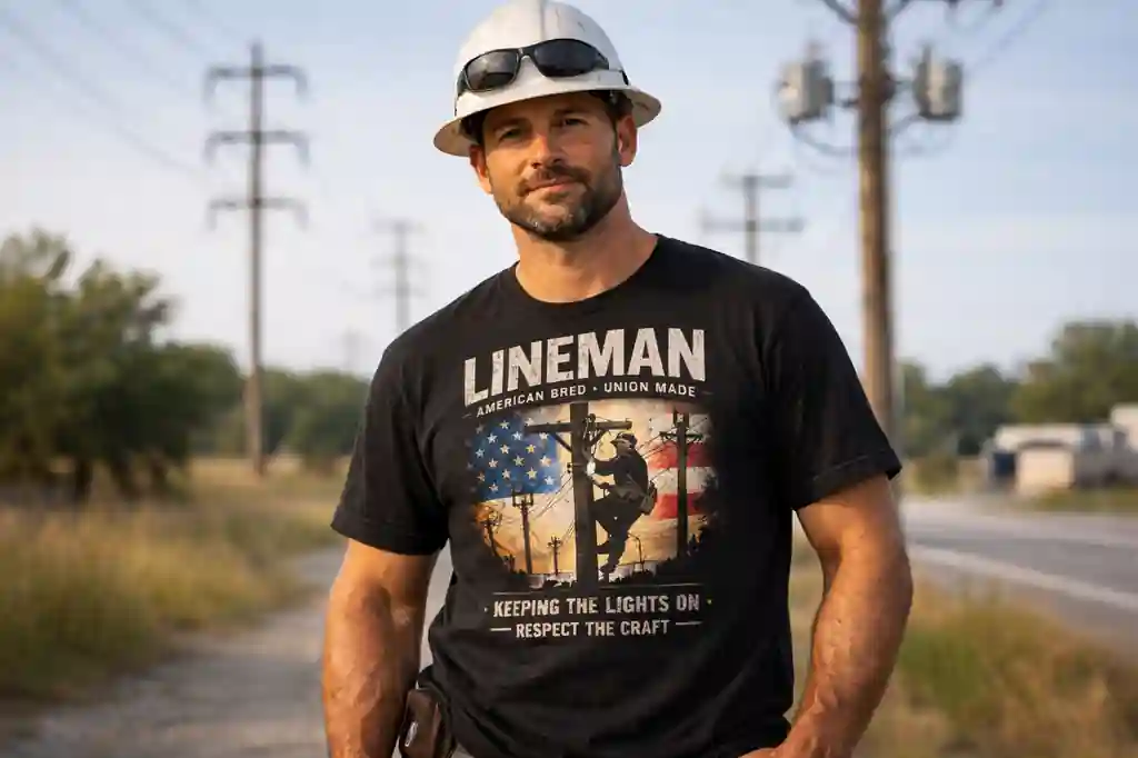 lineman standing confidently wearing graphic shirt showing trade pride