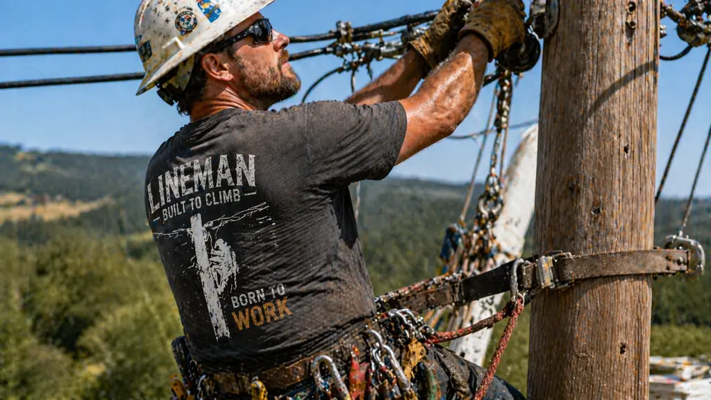 lineman wearing shirt while working outdoors on utility job