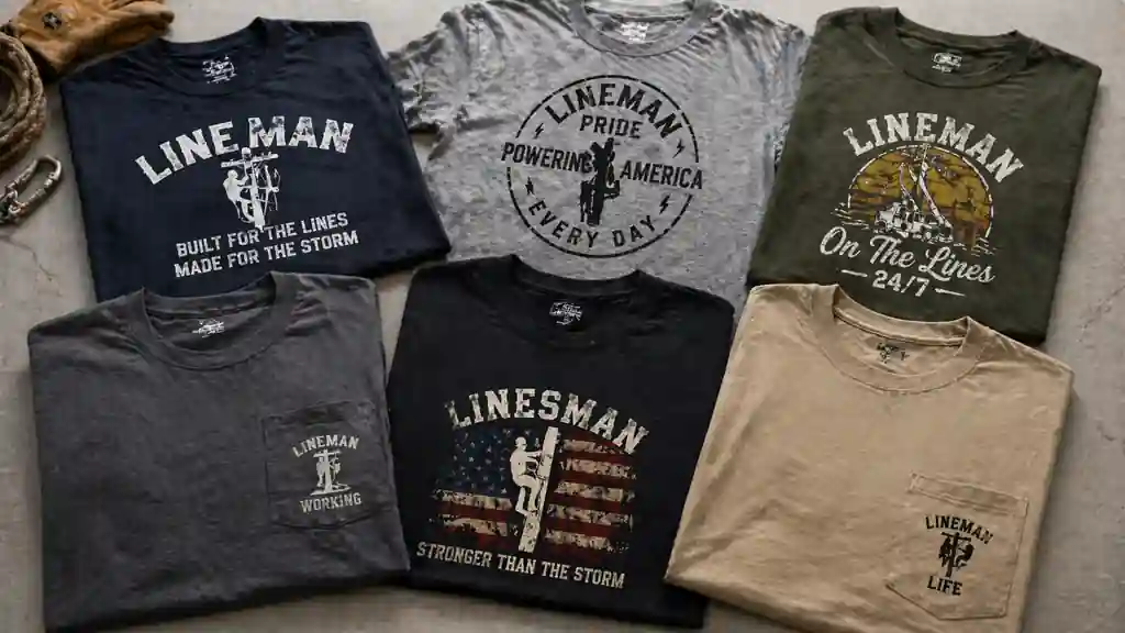 selection of lineman shirts displayed in different styles 