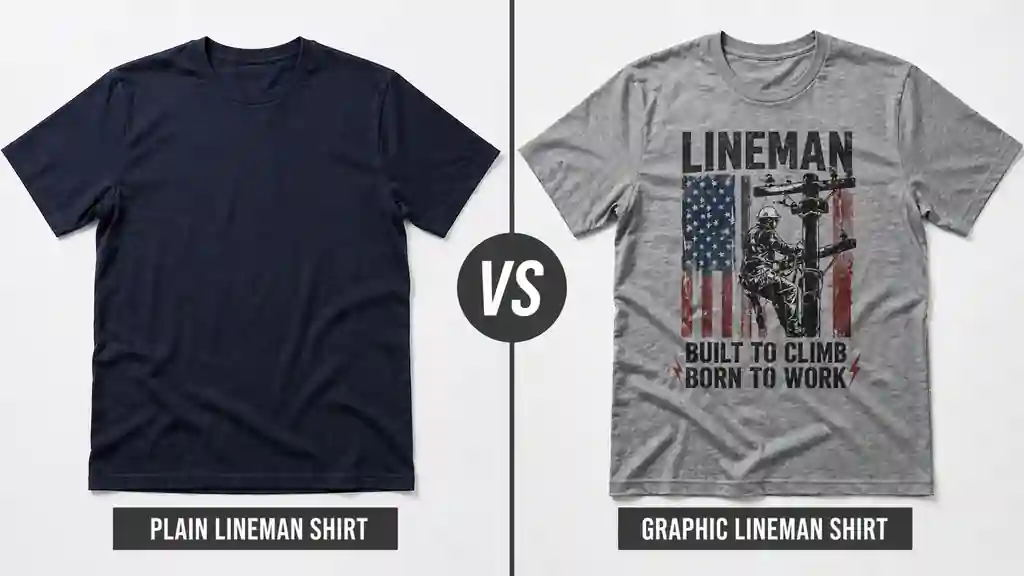 comparison between plain and graphic lineman shirts
