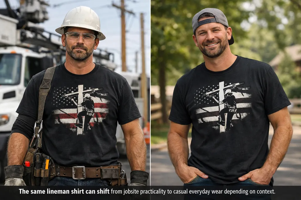 lineman shirt worn in work setting compared to casual outdoor setting